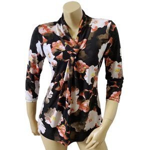 T TAHARI Womens Petite Size PL Floral Print 3/4 Sleeve V Neck Shirt
